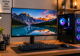 Computer:একটি আধুনিক ও শৈল্পিক ডেস্ক সেটআপ, যেখানে একটি স্যামসাং মনিটরে একটি সুন্দর পাহাড়ি হ্রদের দৃশ্য প্রদর্শিত হচ্ছে। পাশে একটি কালো RGB PC টাওয়ার, একটি মেকানিক্যাল কীবোর্ড, গেমিং মাউস, একটি ছোট গাছ, এবং একটি ল্যাম্প রয়েছে। পেছনে একটি প্রেরণাদায়ক দেয়াল প্রিন্ট এবং কোমল স্টুডিও আলো পরিবেশটি উজ্জ্বল করে রেখেছে।