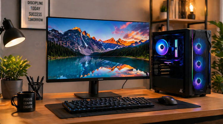Computer:একটি আধুনিক ও শৈল্পিক ডেস্ক সেটআপ, যেখানে একটি স্যামসাং মনিটরে একটি সুন্দর পাহাড়ি হ্রদের দৃশ্য প্রদর্শিত হচ্ছে। পাশে একটি কালো RGB PC টাওয়ার, একটি মেকানিক্যাল কীবোর্ড, গেমিং মাউস, একটি ছোট গাছ, এবং একটি ল্যাম্প রয়েছে। পেছনে একটি প্রেরণাদায়ক দেয়াল প্রিন্ট এবং কোমল স্টুডিও আলো পরিবেশটি উজ্জ্বল করে রেখেছে।