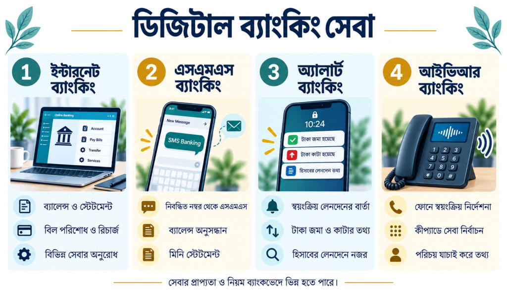 ইন্টারনেট ব্যাংকিং এসএমএস অ্যালার্ট ও আইভিআর সেবার তুলনামূলক চিত্র।