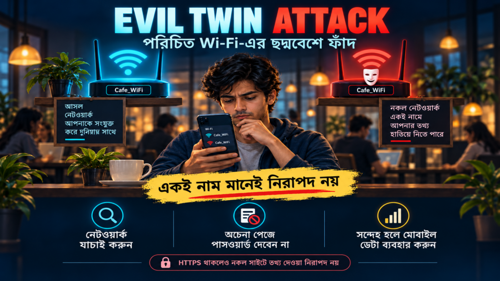 Evil Twin Attack: একই নাম মানেই নিরাপদ নয়—Wi-Fi ব্যবহারের আগে পরিচয় যাচাই করুন।